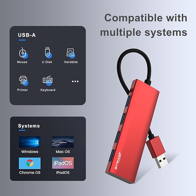 ANYPLUS USB Hub, USB 3.0 Hub Aluminum Alloy Ultra Slim USB Splitter, Portable 4 Port USB Extender, USB Hub for Laptop, PC, MacBook, iMac, Surface Pro, Mac Pro, Flash Drive, XPS 【Red】