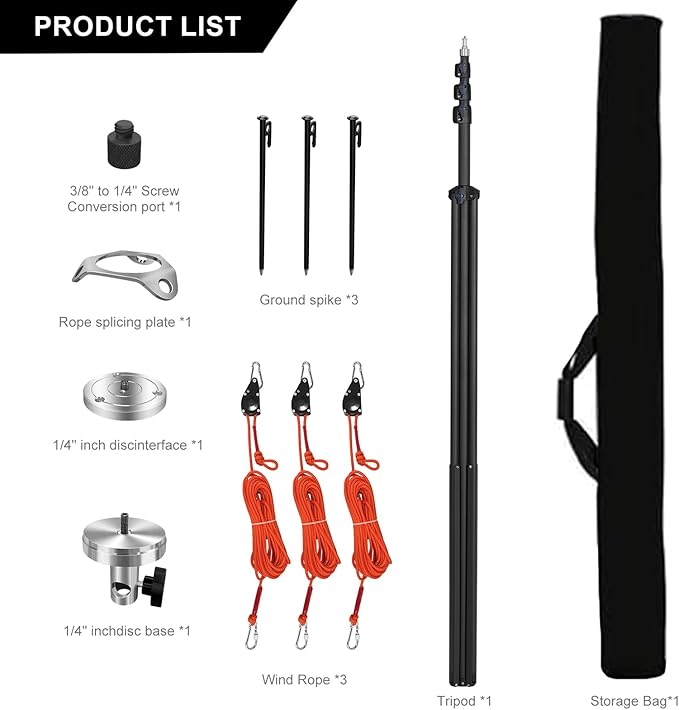 20FT Heavy Duty Tripod Stand with Rope, Spring-Assisted Telescoping Aluminum, 1/4" & 3/8" Screws, Portable for Sports & Outdoor Shooting