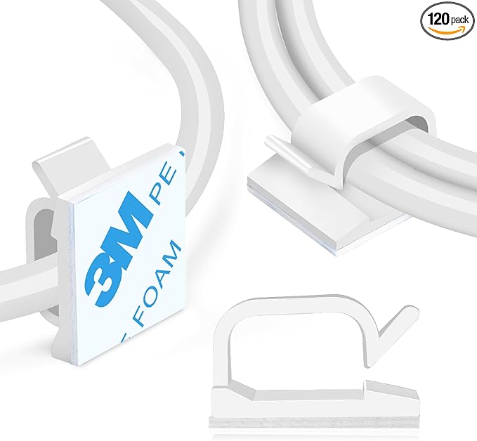 XHF 3/4” Adhesive Cable Wire Clips White 120PCS, Cable Staples Outdoor Cable Management Wire Organizer Cord Holder for Under Desk, Car, Wall, TV PC Ethernet Cable