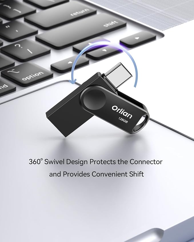 Orlian 2PCS 128GB USB C Flash Drive for Phone, Dual USB 3.0 Phone Thumb Drive Type-C & USB-A, up to 110MB/S Metal Waterproof Swivel Memory Stick for iPhone 15/16/17, Android, Tablet, Computer PC