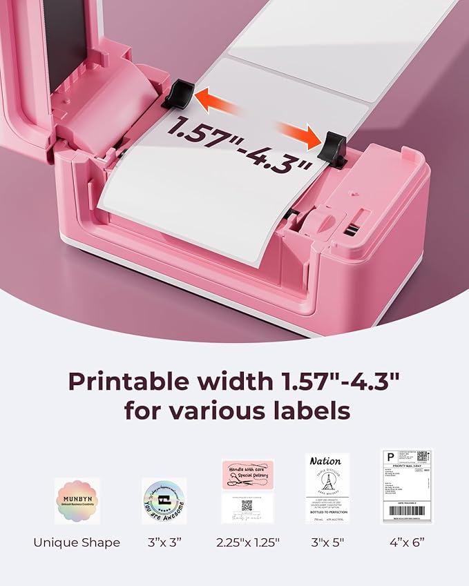 MUNBYN Bluetooth Thermal Label Printer 941BP, Wireless 300DPI 4x6 Shipping Label Printer for Small Business, Compatible with Windows, Mac, iPhone, Android, PC, Amazon, Shopify, Etsy, USPS (Pink)