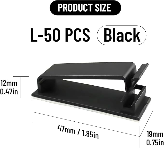 Adhesive Cable Clips Holder, Outdoor Light Clips, Black Cord Wire Clips, Sturdy Nylon Cord Wall Finisher Wire Clamp for Home, Car, Office Desk Wire Management (Black, L-50 PCS)