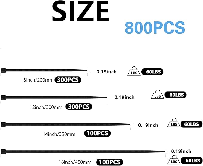 MasiStranth 800 PCS Black Zip Ties Assorted Sizes 8+12+14+18 Inch Self-locking Nylon Cable ties Heavy Duty Outdoor, UV Resistant Wire Straps for Home Office Garden Workshop Indoor Outdoor Fence