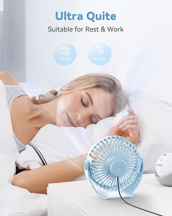 Edvision USB Desk Fan, 5 Inch Mini Portable, 3 Speeds Strong Airflow Personal Desktop, Detachable Cooling Fan 360° Rotation Quiet Small Fan for Desk Home Office Travel Car, Blue, 5ft Cable