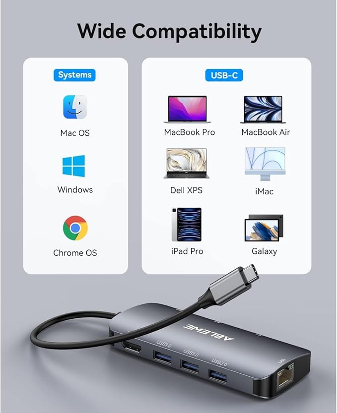 ABLEWE USB C Hub Ethernet, Multiport USB C to HDMI Hub, 8 in 1 4K@60Hz USBC Adapter,1000Mbps, 100W PD, 3 USB 3.0 Ports, Docking Station Compatible for MacBook, Tablet, Phone, Type C Devices