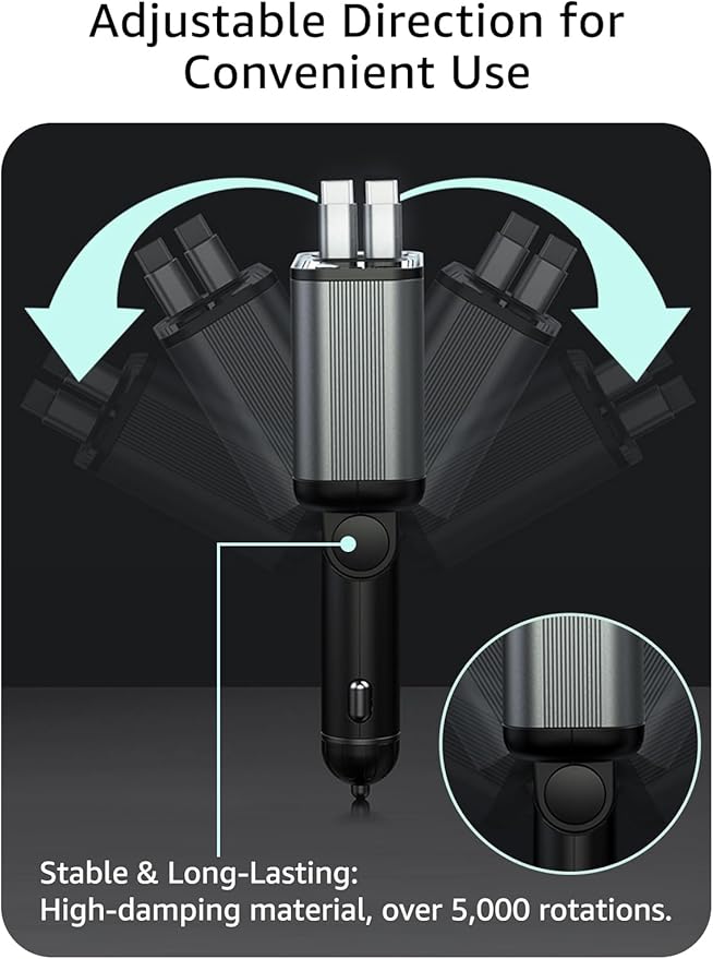 PDMAX Retractable Car Charger USB C,145W Type C Car Charger Fast Charging with Dual Retractable USB C Cable and USB Ports for iPhone 17/16/15,S25/24/23/22, Pixel 9/8/7（Build-in Dual Type C Cable）