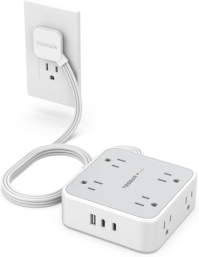 TESSAN Surge Protector Power Strip, 5 Ft Flat Plug Extension Cord with 3 USB (2 USB C) 8 Outlets, 1250W, 900J Protection, 3 Sided Outlet Extender with Power Switch for Office, Dorm Room, Grey
