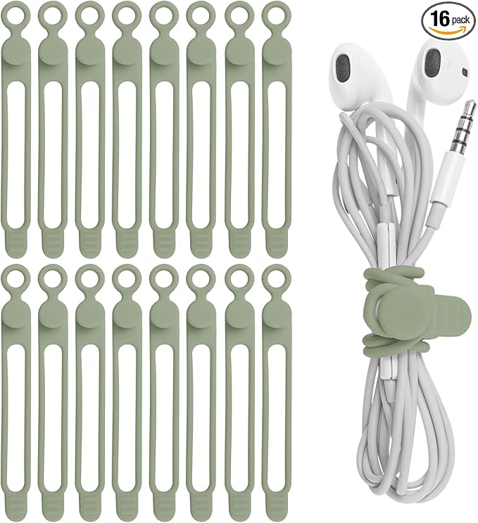 Nearockle 16Pcs Silicone Cable Ties Cord Organizer for Bundling Earphone, Phone Charger, Computer Cords, Reusable Wire Cable Management in Home,Office,Kitchen,School,Travel (Green)