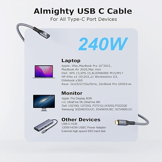 20Gbps USB C 3.2 Extension Cable, USBC 3.2 Gen2 Type-c Male to Female Extender Cable Ultra HD 4K@60Hz 240W Charging 20Gbps Data Transfer Compatible with External SSD eGPU (Extension 20G 240W-2M)