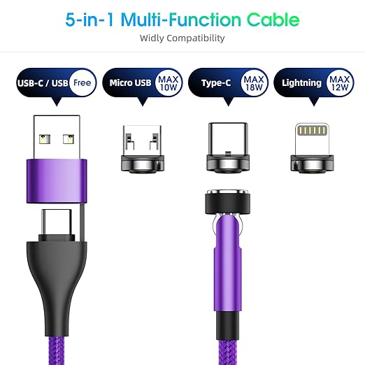 Ankndo 5-in-1 Magnetic Charging Cable, 540° Rotation Magnetic Phone Charger [4-Pack, 3ft/3ft/6ft/10ft] USB A/Type C Fast Charging Charger Cable for iproduct/Micro USB/USB C Devices-Purple