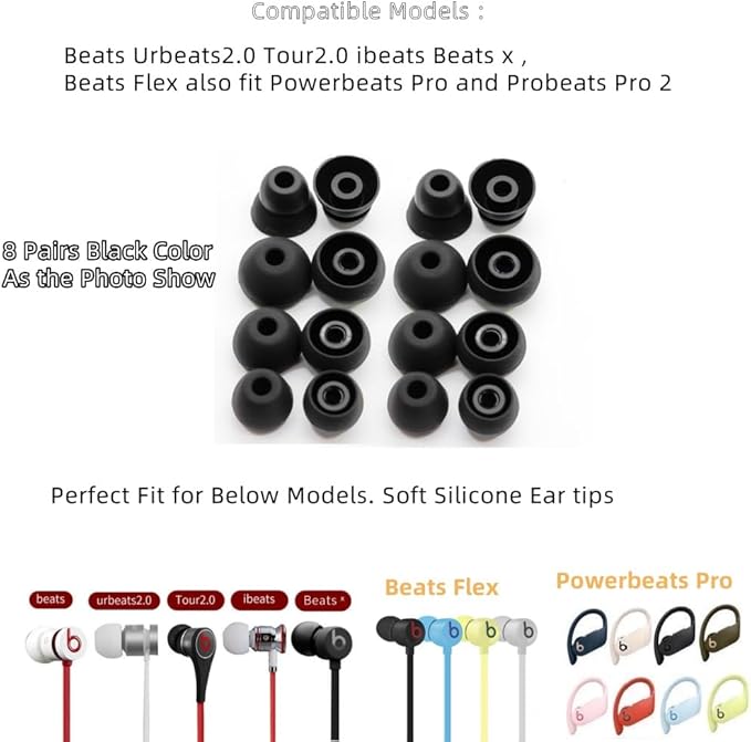 Aginkgo Replacement Ear Tips for Beats Urbeats2.0 Tour2.0 ibeats Beats x, Beats Flex Secure Fit for Powerbeats Pro Silicone Earbuds Washable Sweat-Resistant Noise Isolation 8 Pairs (Black)
