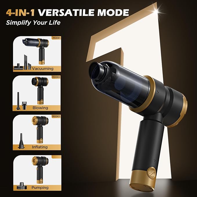 Handheld Car Vacuum Portable Cordless with 2000mAh Battery, 4 in 1 Handheld Vacuum Cleaner and Air Duster ,15000PA Portable Mini Hand Held Vacuum Rechargeable for Home, Car, Office, Pet Hair（Gold）