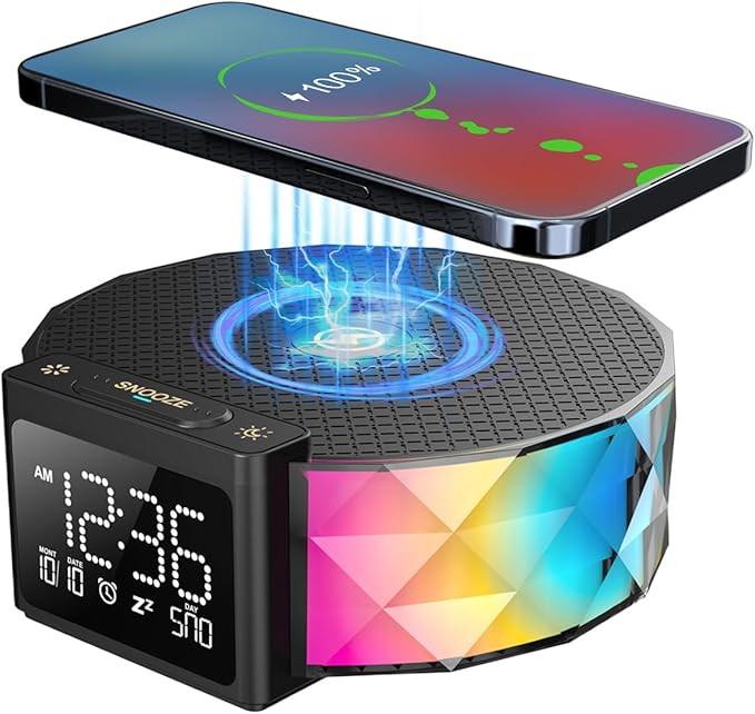 YIDPU Alarm Clock with Fast Wireless Charging 15W,Digital Alarm Clock Night Lamp for Bedroom, RGB Nightlight for 5 Colors,Snooze Mode,8 Types of Music with Cable (Black)