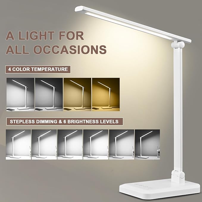 MACASA LED Desk Lamp with USB Charging Port Whole White for Home Office Essentials Table Lamp with Eye-Caring 4 Color Temperature Touch Control Stepless Dimming Desk Light for College Dorm
