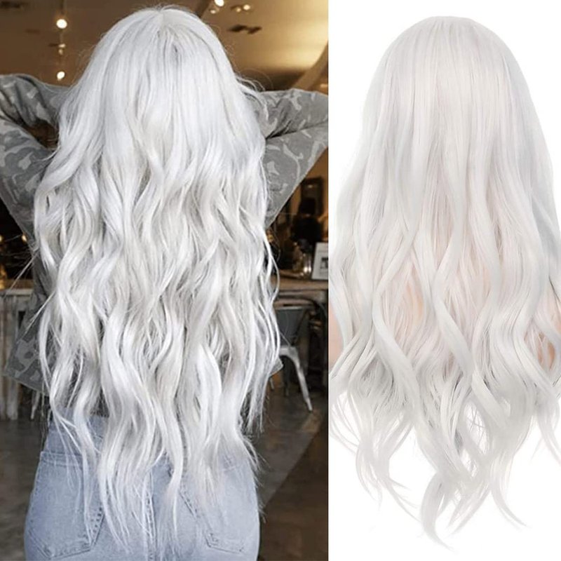 RicHyun Long Curly Wavy White Wig Middle Part Cosplay Wig Synthetic Heat Resistant Costume Halloween Wigs for Women Girls