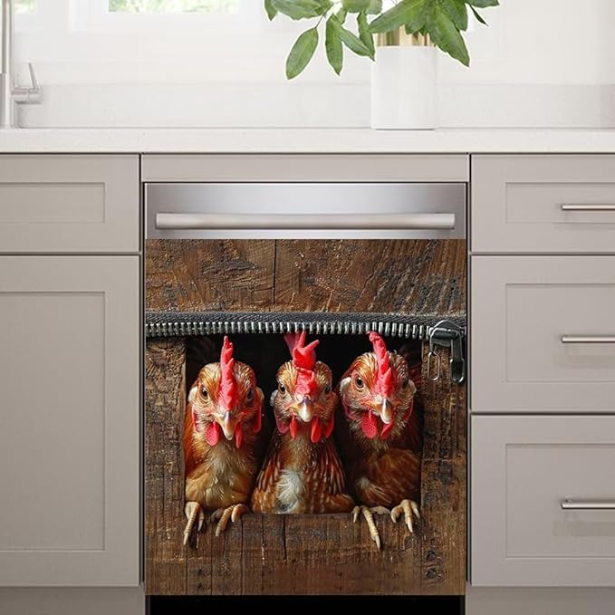 Wood Board and Rooster Wallpaper Dishwasher Magnet Cover Sticker Magnetic Refrigerator Panel Sticker Decorative Front Door Decal 23W x 17H inchs