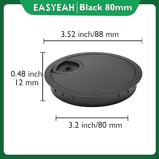 EASYEAH 2 Pcs Desk Grommet 3-1/8" / 80 mm, Desk Cord Hole Cover, Cable Grommet Metal Zinc Alloy Materilal, Desk Hole Grommet for Home & Office Pc, Detachable Cable Cord Organizer-Flat Black