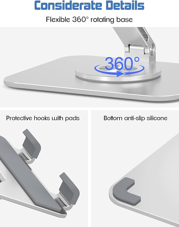 ToBeoneer Tablet Stand Holder with 360°Rotating Base - Adjustable Aluminum Desktop Stand for iPad Holder for Desk Compatible with 4-13" Tablets, Silver