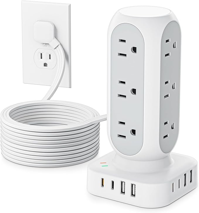 Flat Plug Power Strip Tower 10FT, 40W Total Fast Charging Station, Dual PD 20W USB-C Charger Tower with 12 AC Outlets and 8 USB Ports (4 USB C), Long Extension Cord for Home Office Dorm Room