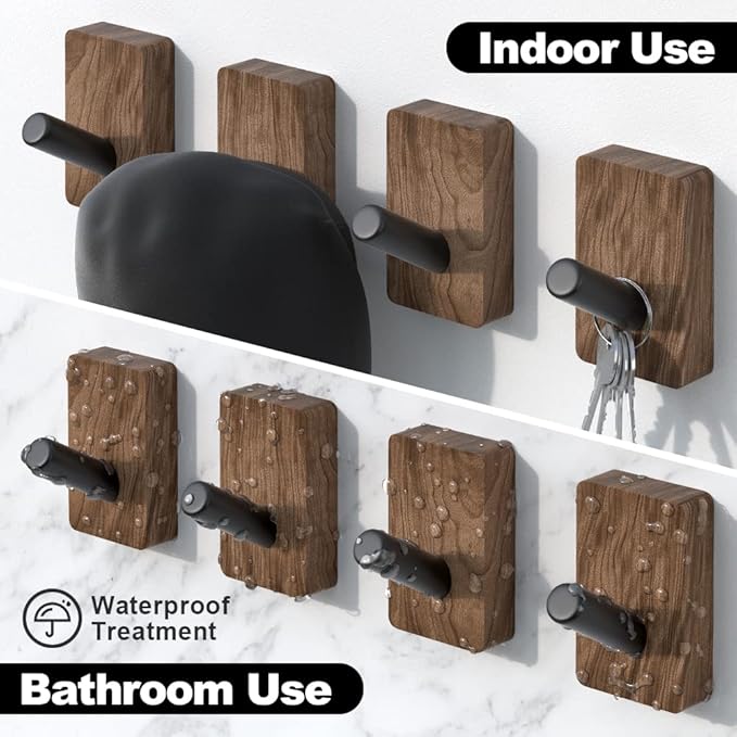 IURRDOP 4 PCS Black Walnut Wood Wall Hooks, Adhesive Mounted & Wall Mounted Rustic Decorative Entryway Hooks, Mid Century Modern Natural Wooden Pegs for Hanging Coat Clothes Hat Bag Purse and Towel
