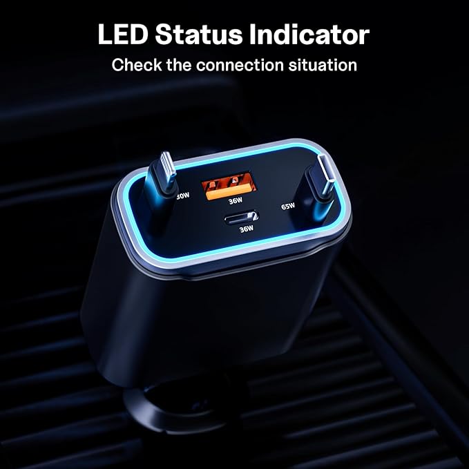 TOENNESEN Retractable Car Charger USB C 131W 4-in-1 Fast Charging with 2 Retractable Cables Car Phone Charger Adapter for iPhone 17 Pro Max 16 15 14 13 Fast Charge Car Accessories, Gifts for Men Women
