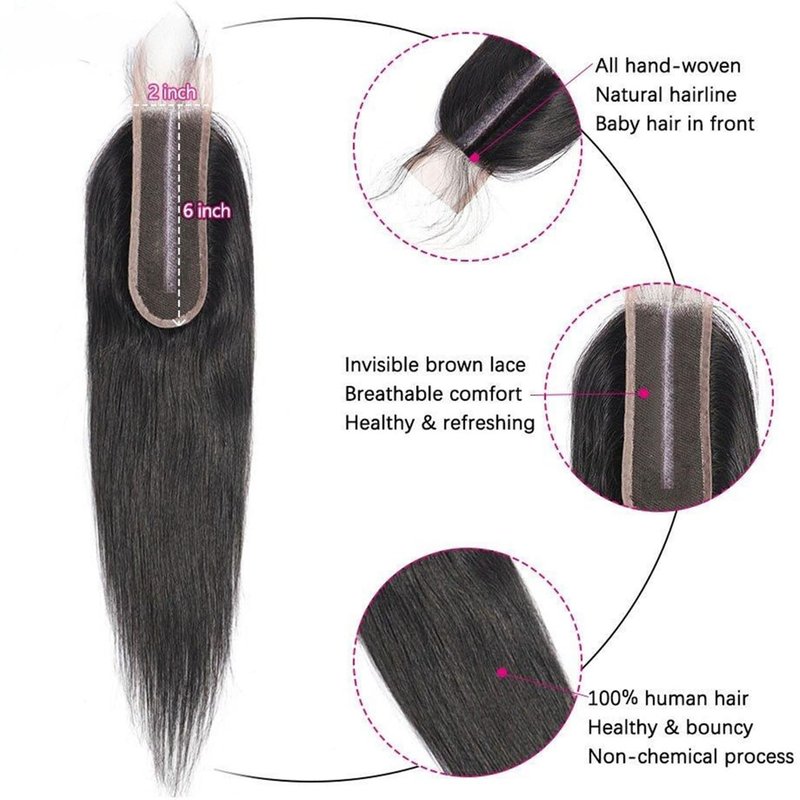 Brazilian Straight 2x6 Lace Closure 100% Unprocessed Human Virgin Hair Remy Pre-Plucked Hairline Natural Color Closure With Baby Hair (2x6 straight closure, 18inch)