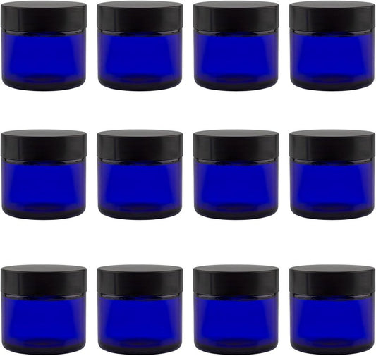 Cobalt Blue Glass Cosmetic Jars - 2oz Straight Sided Jars with Black Lined Lids | Pack of 12 for Balms & Creams