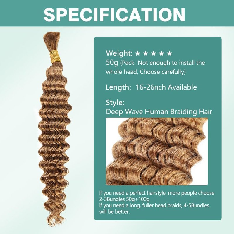 50g 20 Inch Deep Wave Bulk Human Braiding Hair Honey Blonde Human Braiding Hair for Boho Braids 1 Bundle/Pack No Weft Color 27# 100% Brazilian Human Braiding Hair Extensions for Micro Braiding