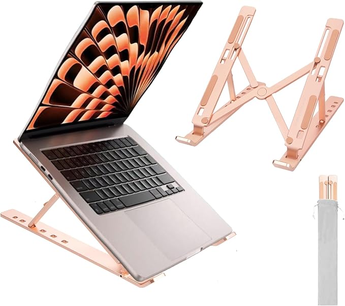 weourwe Ergonomic and Foldable Laptop Stand for Desk, Adjustable Riser, Fits All Laptops and Notebooks up to 17,Ultra-Thin,Ventilated Cooling,ABS+Silicone,Gold.