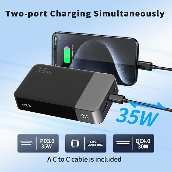 NOBIS Portable Charger, 20000mAh Power Bank, 35W Power Bank Fast Charging, Battery Pack with C to C Cable, Battery Bank with Digital Display for iPhone Android etc (Black)