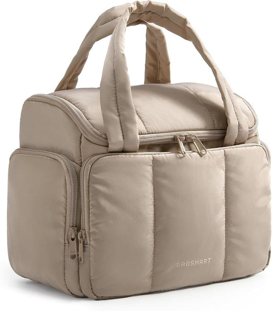 Toiletry Bag for Women - Lightweight Makeup Organizer with Dual-Padded Handles | Travel-Sized, Camel Color
