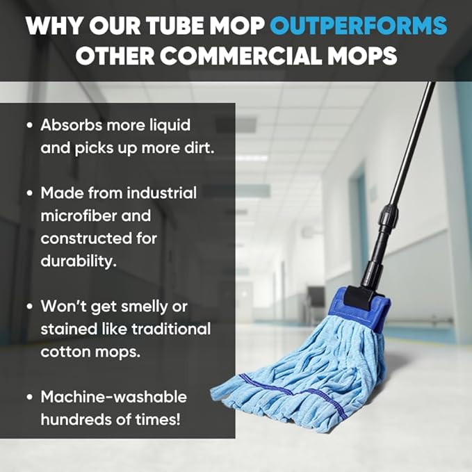 Bulk Commercial Mop Head Replacement (24 Count) - Medium Microfiber Tube Mop (14 oz.) | Industrial Wet Mops | Refill, Machine Washable, Heavy Duty | Hardwood, Tile, Laminate, Vinyl Floors (Green)