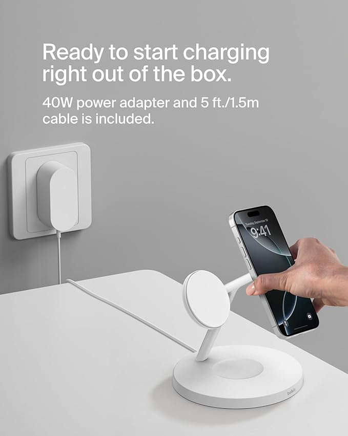 Belkin MagSafe-Compatible iPhone Charger, 3-in-1 Wireless Charging Station, Qi2-Certified 15W Wireless Charge for Apple iPhone 17 Series, Apple Watch, AirPods w/Non-Slip Base, 40W Included - White