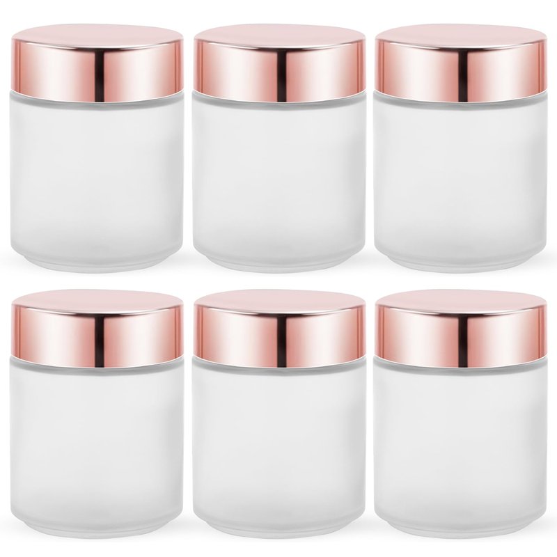 Furnido 6 Pack 8 oz Frosted White Round Glass Jars,Empty Glass Cosmetic Jars with Rose-Golden Lids,Inner Liners for Lotion,Powders,Ointments,Body Butter,Candle Making