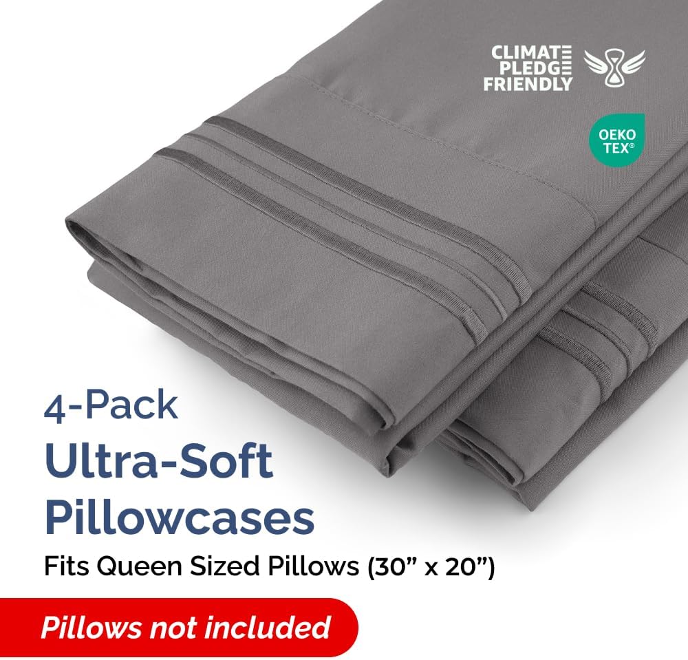 Queen Pillow Cases Set of 4 - Ultra Soft Hotel Quality Covers | Wrinkle-Free & Fade Resistant - Dark Grey