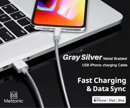 METZONIC MFi Certified Metal Charger Cable 3.3FT Stainless Steel Braided Fast Charging USB Cable High Speed Connector Data Sync Compatible with iPhone/iPad Transfer USB Cord