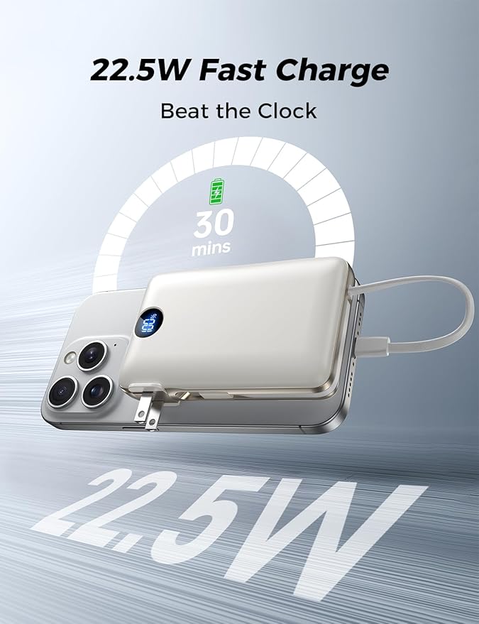 Portable Charger with Built-in Cables & Wall Plug, 50000mAh Power Bank, 4 Outputs 22.5W USB C Fast Charging, Mini Travel Essentials Battery Pack with LED Display for iPhone/iPad/Samsung etc Cheese