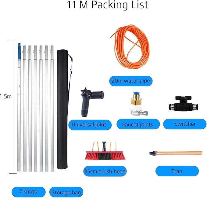 Extendable Window Cleaning kit Telescopic Brush Water Fed Extendable Brush, Cleaning Photovoltaic and Solar Panels Window Clean Extendable Cleaner Conservatory Water fed Pole 11poles 35brush