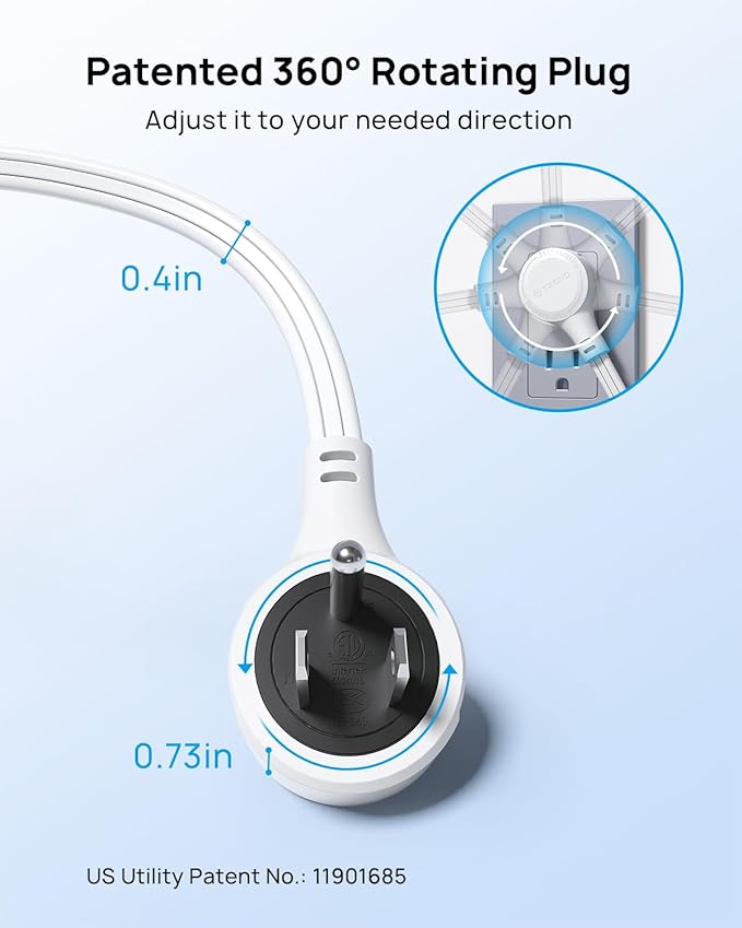 TROND Short Extension Cord 1.5ft with 360° Rotating Flat Plug, ETL Listed Low Profile Power Strip, Three Prong 3 Way Grounded Outlets, 13A, SPT 16/3 AWG for Indoor Home Office Cruise Travel, White