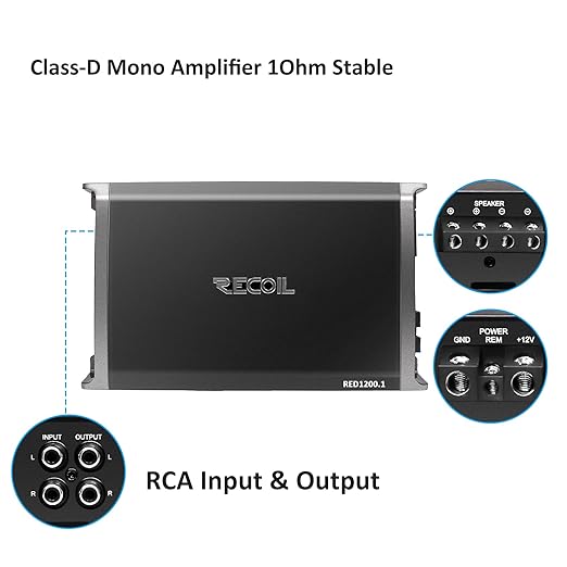 Recoil RED1200-1 2500 Watts Class D Strappable Car Audio Mono Block Subwoofer Amplifier 1 Ohm Stable, Remote Bass Knob Included