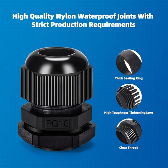 CGELE Cable Gland 20 Pack Plastic Waterproof Adjustable Connector 9-14mm PG16 Strain Relief Cord Connectors Joints Nylon with Gaskets