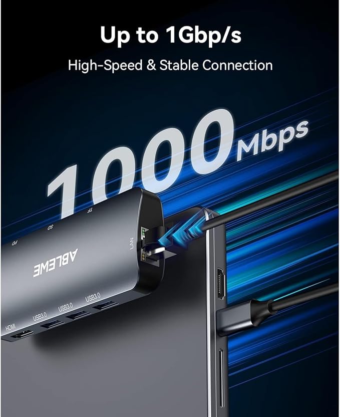 ABLEWE USB C Hub Ethernet, Multiport USB C to HDMI Hub, 8 in 1 4K@60Hz USBC Adapter,1000Mbps, 100W PD, 3 USB 3.0 Ports, Docking Station Compatible for MacBook, Tablet, Phone, Type C Devices