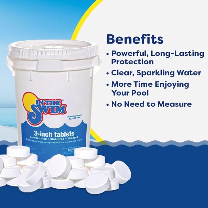 In The Swim Shock and Chlorine Bundle for Sanitizing Swimming Pools – Includes 50 Pound Bucket of 68% Cal-Hypo Pool Shock and 50 Pound Bucket of 3 Inch Stabilized Chlorine Tablets