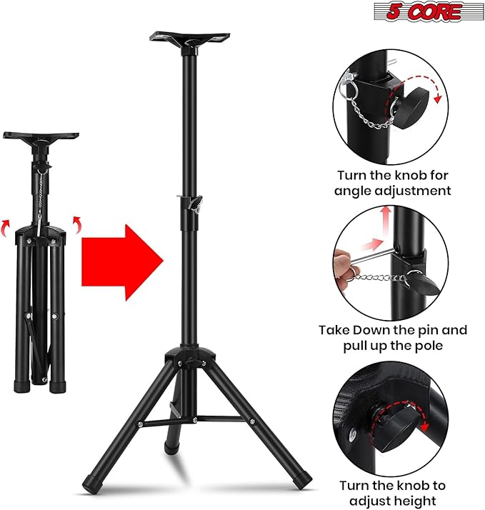 5 Core Speaker Stand Universal Mount Steel Alloy Construction 132 Lbs Capcity Stable Tripod w/Adjustable Height 36” w 35mm Compatible Insert Metal Safety Pin Black