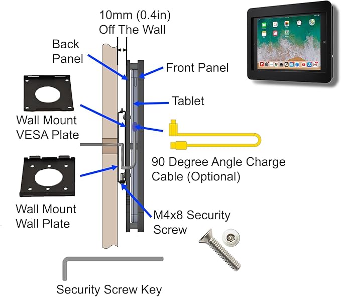 TABcare Anti-Theft Acrylic VESA Enclosure for Apple iPad 10 10.9" 2022, iPad 11" 2025 A16 with Free Wall Mount Kit & 90-Degree Angle USB C Charge Cable (White)