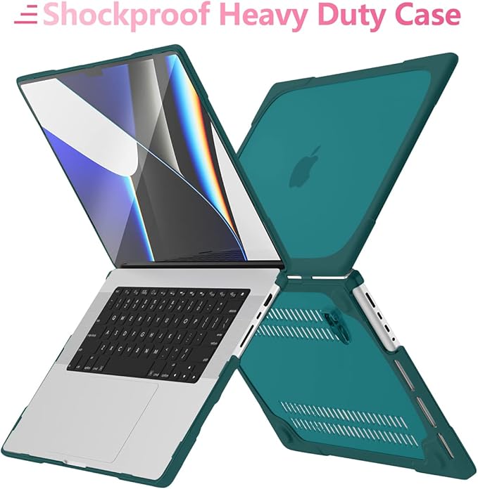 Batianda Heavy Duty Case for New MacBook Pro 16 inch 2026 M5 2024 M4 2023 M3 2021 M2 Pro Max - Ergonomic Foldable Kickstand (Holds 22lbs/Zero Wobble) Matte Translucent Rugged Armor Cover, Dark Teal