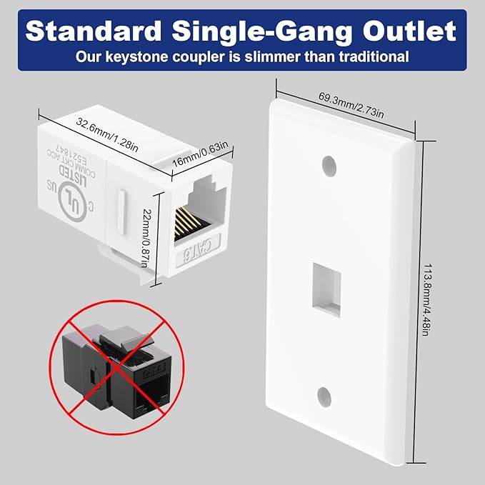 VCE Ethernet Wall Plate (UL-Listed), 1-Port CAT6 Wall Plate and Jack, RJ45 Keystone Outlet with Single Gang Low Voltage Mounting Bracket, White 2-Pack