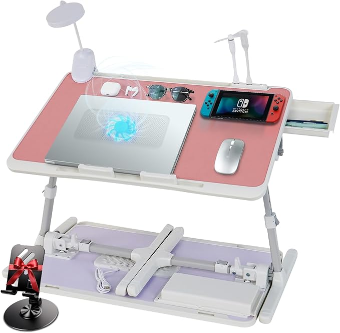 iXTRA Laptop Lap Desk Include Cooling Fan,Adjustable Lap Desk with Light Fan,Folding Laptop Desk for Bed with USB,Bed Desk with Storage Drawer 56x32cm,Pink
