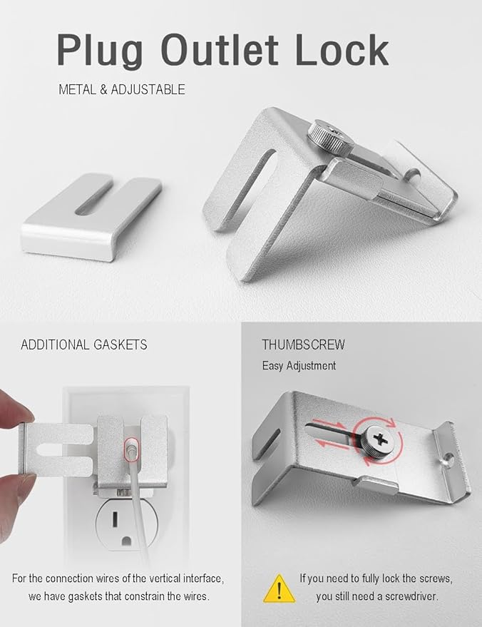 ILIVABLE Outlet Lock, Adjustable Metal Security Device, Prevents Power Plug Unplugging, Silver, 1-Pack