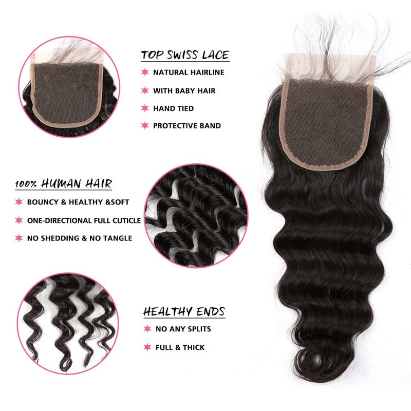 Sent Hair Remy Human Hair 4x4 Loose Deep Wave Lace Closure Human Virgin Hair Piece Free Part with Baby Hair Natural Color 16"